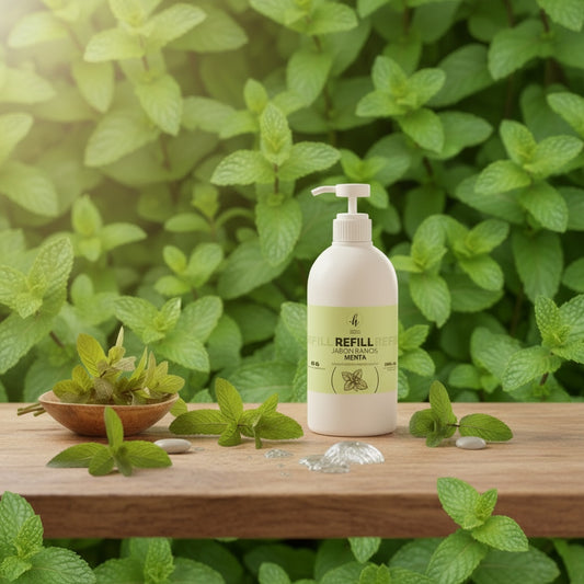 Mi tienda Jabón de manos líquido menta en formato recarga de 900 ml, con dispensador blanco y hojas de menta fresca.