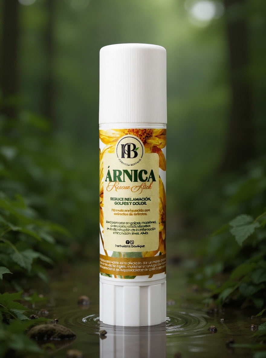 Mi tienda Herboteca Boutique Arnica Rescue Stick para alivio de inflamación y dolor. Formato en barra con flores de árnica.