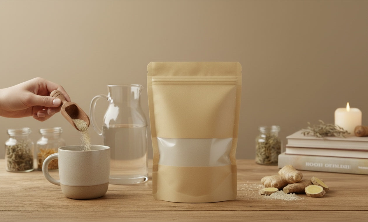 Suplemento de Ashwagandha en polvo Mi tienda en bolsa kraft con ventana, servido con cuchara de madera en taza.