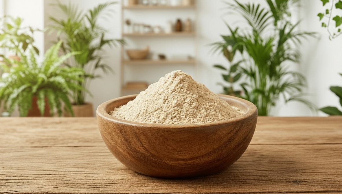 Suplemento de Ashwagandha en polvo Mi tienda en un cuenco de madera sobre mesa rústica con plantas de fondo.