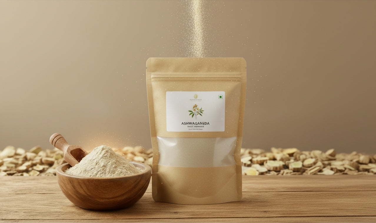 Suplemento de Ashwagandha en polvo Mi tienda en bolsa kraft con cuenco de madera y raíz natural sobre mesa rústica.