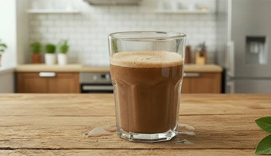 Vaso de cristal con bebida de cacao espumosa sobre mesa de madera en cocina de Mi tienda