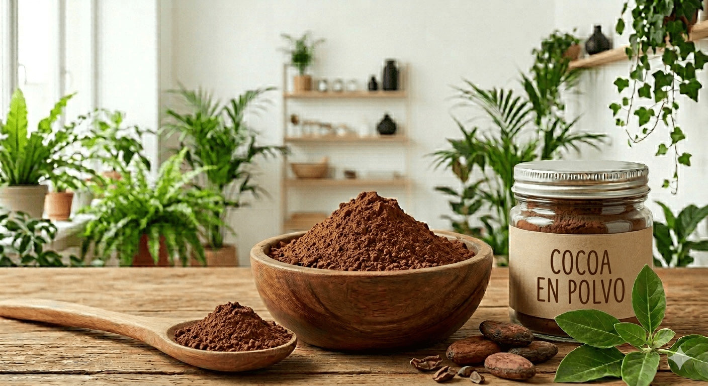 Cacao puro en polvo de Mi tienda en un cuenco de madera junto a un frasco de vidrio sobre una mesa rústica