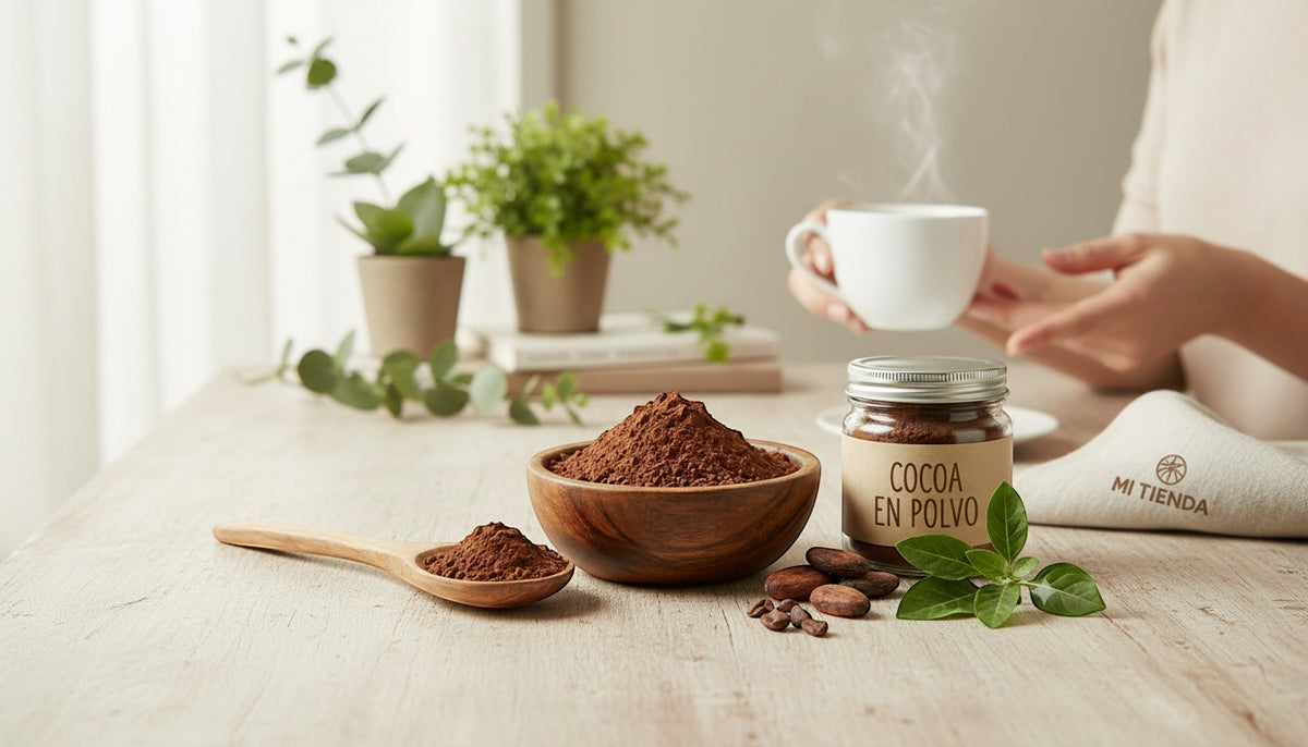 Cacao puro en polvo Mi tienda en frasco de vidrio junto a un cuenco de madera y una cuchara sobre una mesa rústica