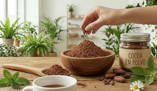 Cacao puro en polvo Mi tienda en cuenco de madera con cuchara y frasco sobre mesa rústica