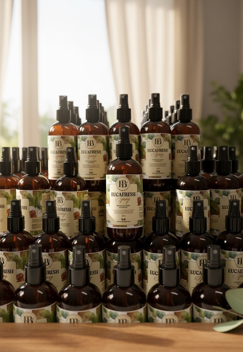 Spray aromático herbal EUCAFRESH de Mi tienda en frascos de vidrio ámbar de 250 ml para frescura y confort ambiental