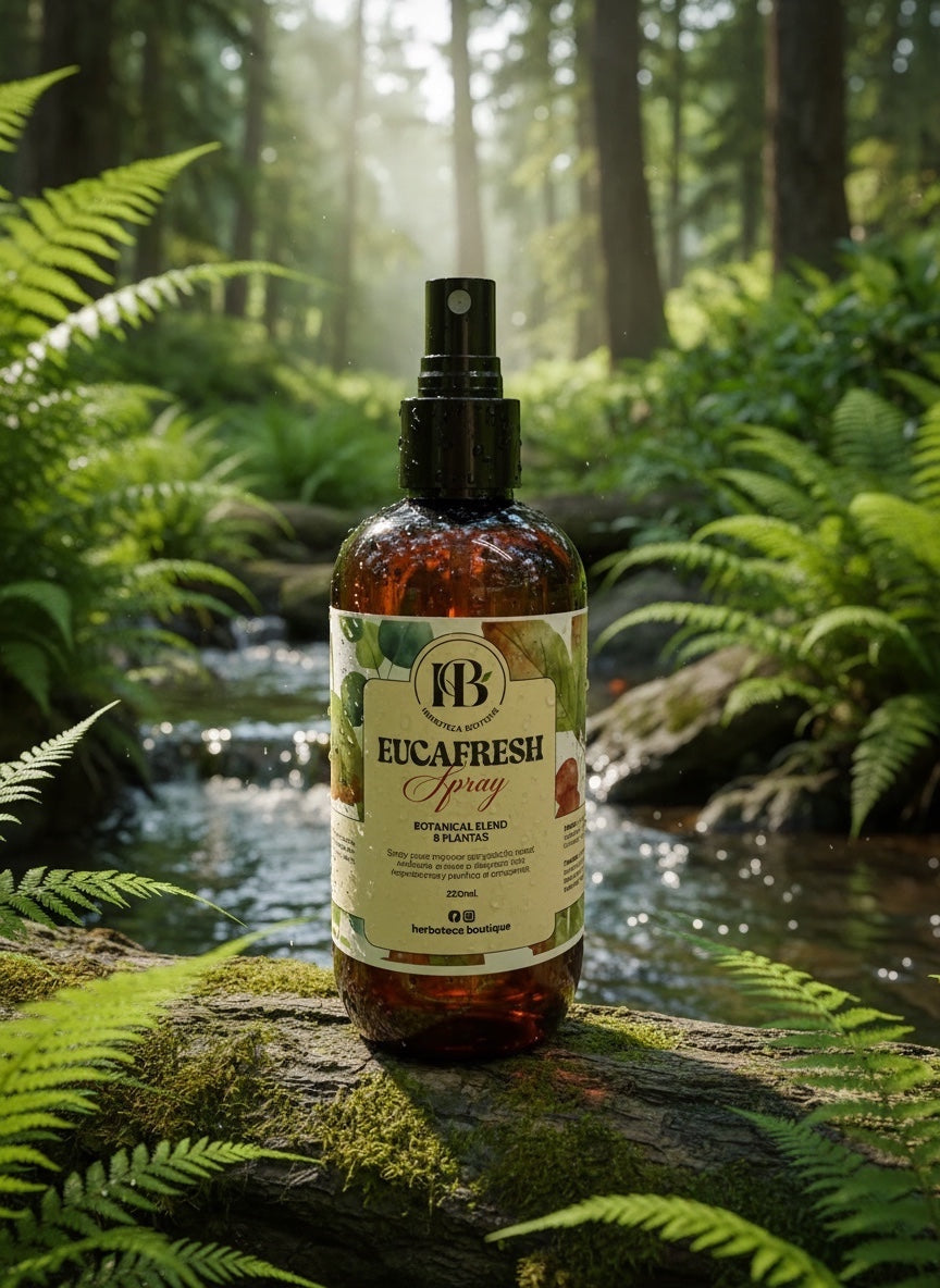 Spray aromático EUCAFRESH de Mi tienda en envase ámbar sobre un tronco en un bosque con arroyo y helechos.