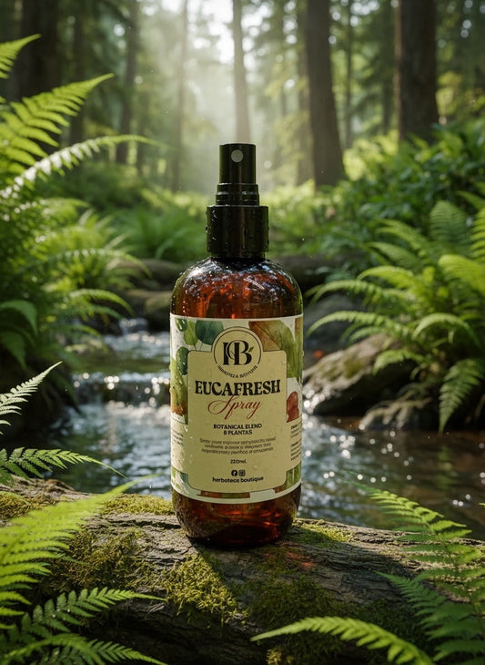 Spray aromático EUCAFRESH de Mi tienda en envase ámbar sobre un tronco en un bosque con arroyo y helechos.