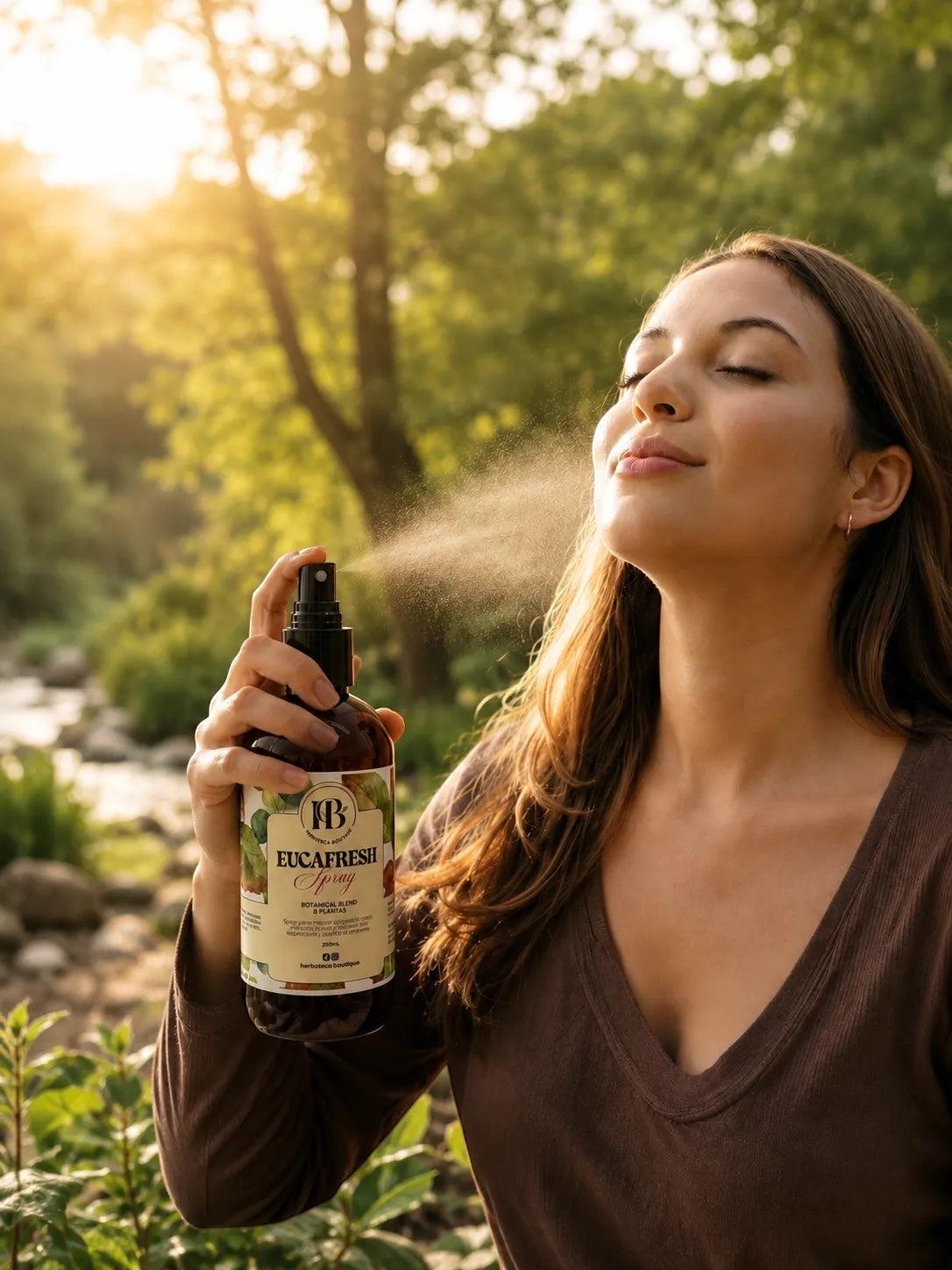 Mujer usando spray aromático herbal EUCAFRESH de Mi tienda en un entorno natural para una sensación de frescura