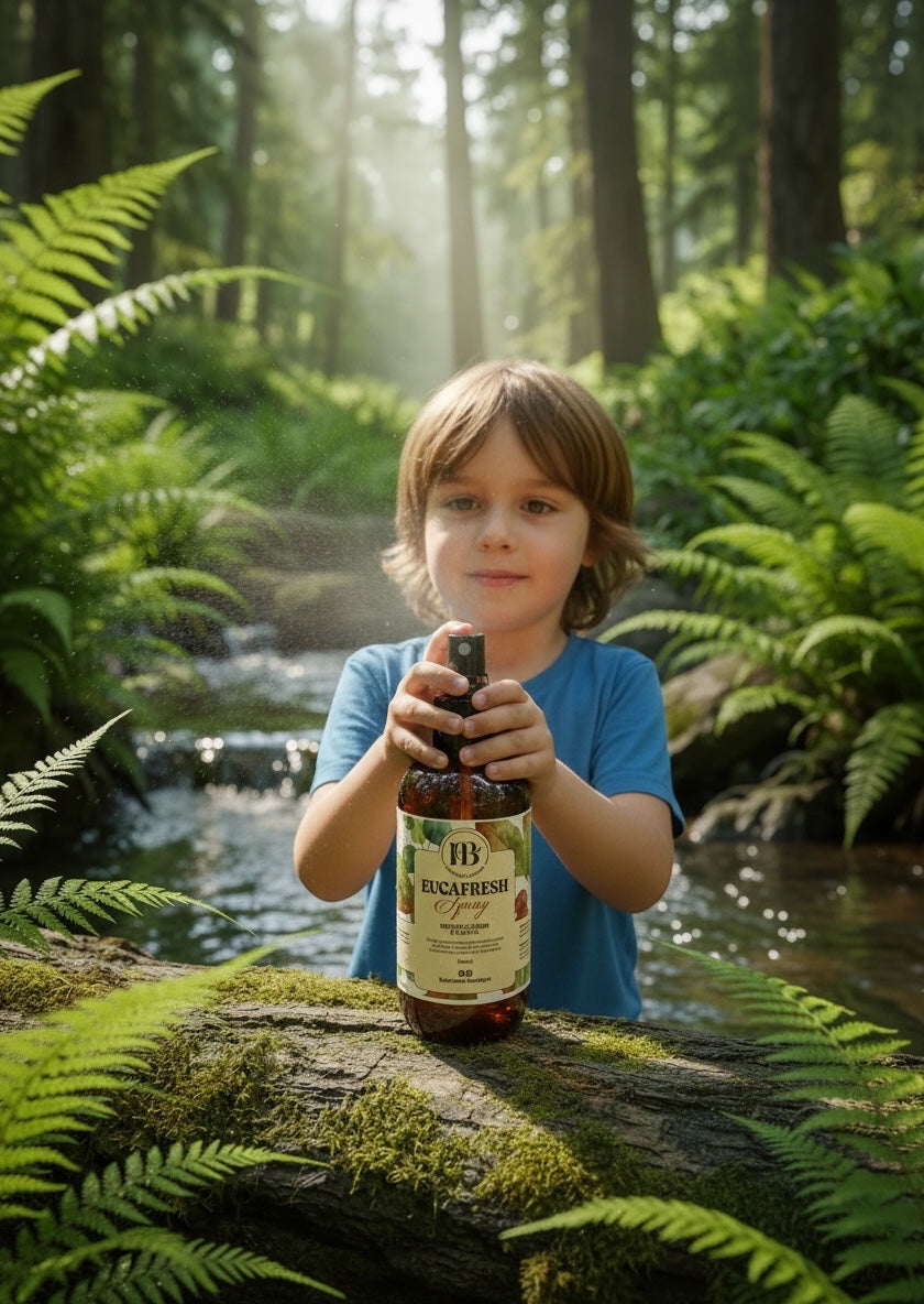 Niño usando spray aromático herbal EUCAFRESH de Mi tienda en un bosque con helechos y un arroyo