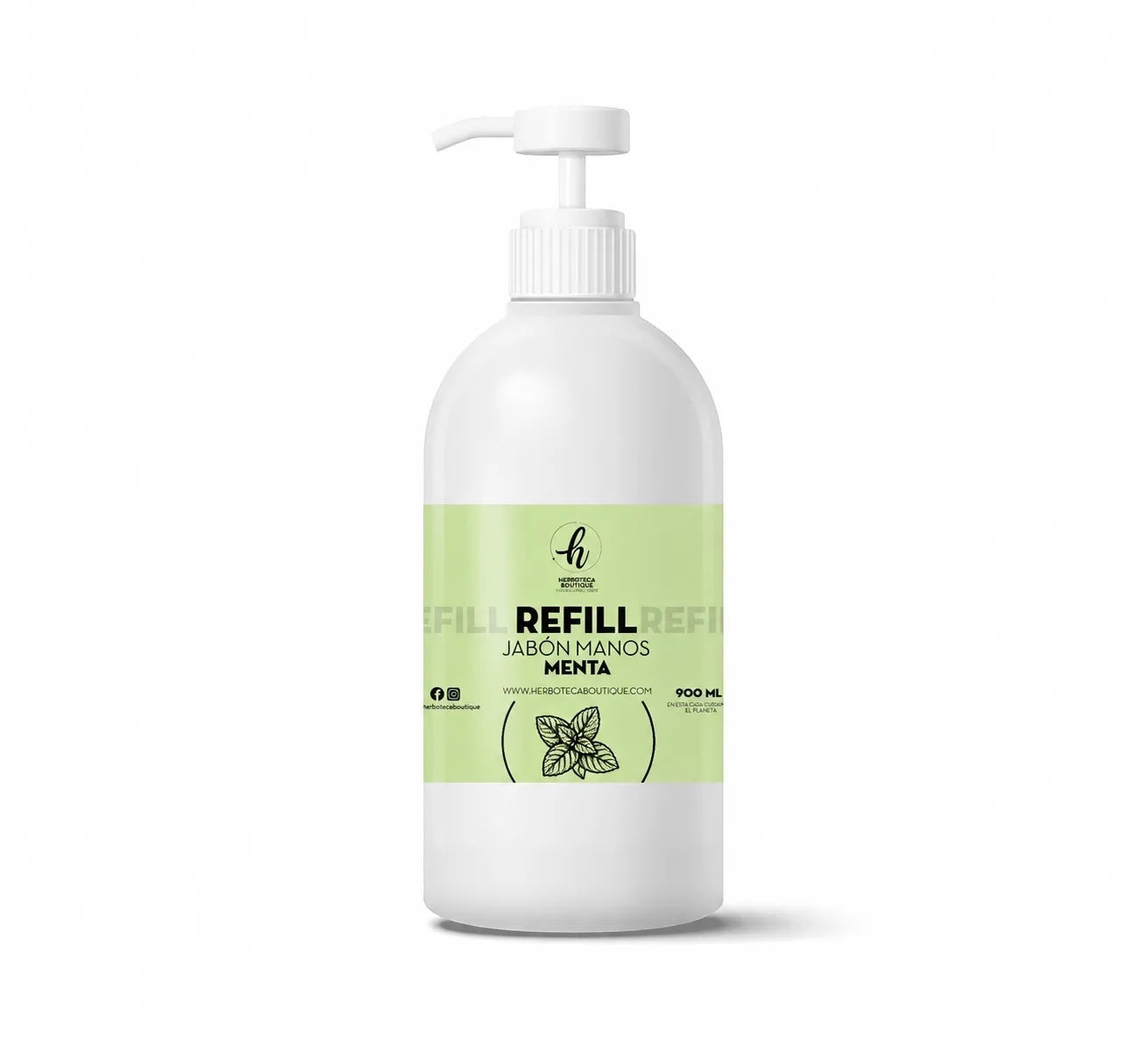 Mi tienda Jabón de Manos Menta recarga 900 ml con dispensador blanco y etiqueta verde menta.