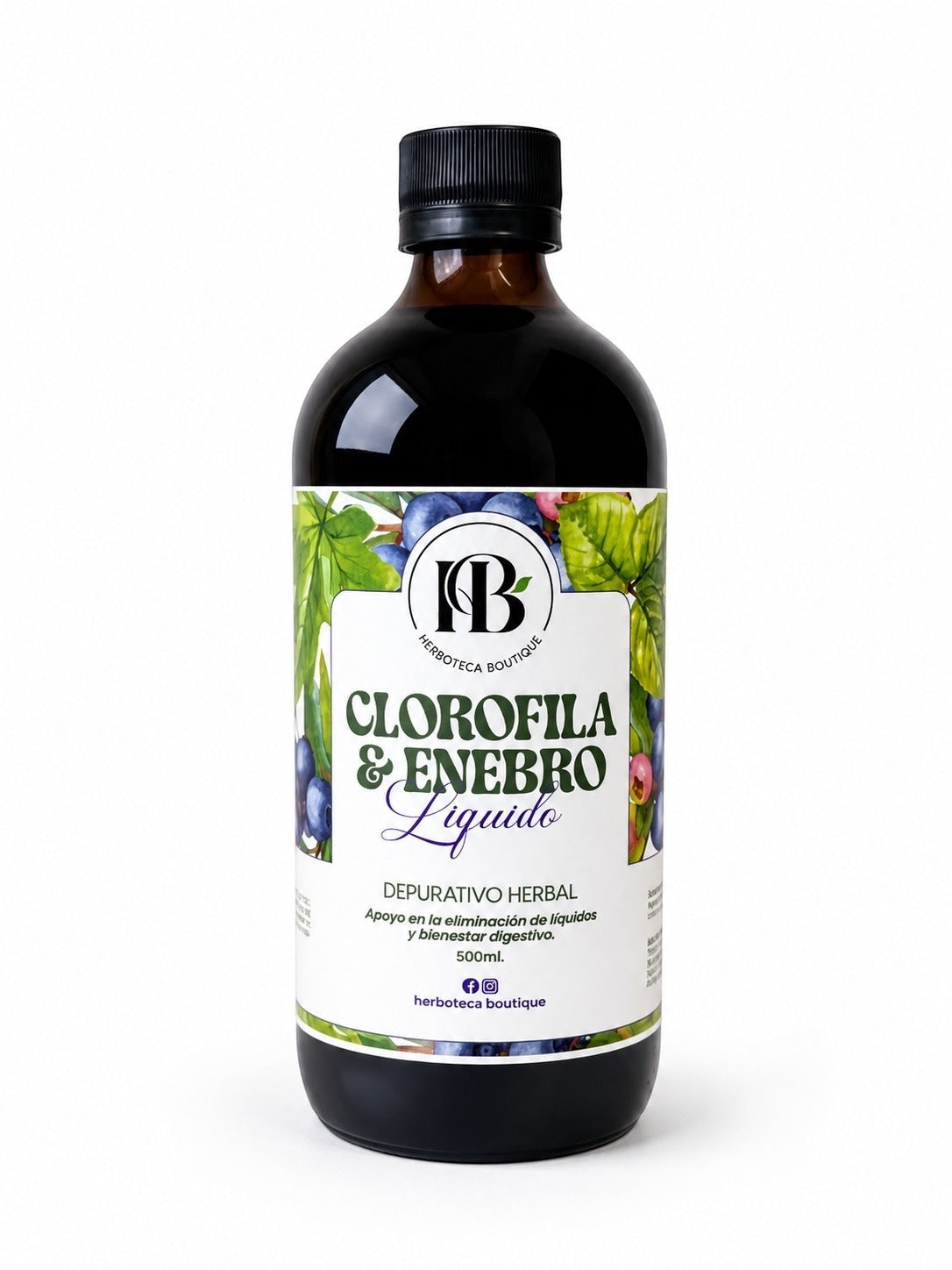 Mi tienda Botella de líquido depurativo herbal de clorofila y enebro con tapa negra. Formato 500ml.