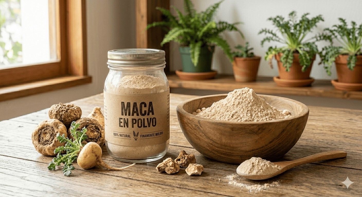 Suplemento de maca en polvo Mi tienda en frasco de vidrio junto a un cuenco de madera y raíces frescas de maca.