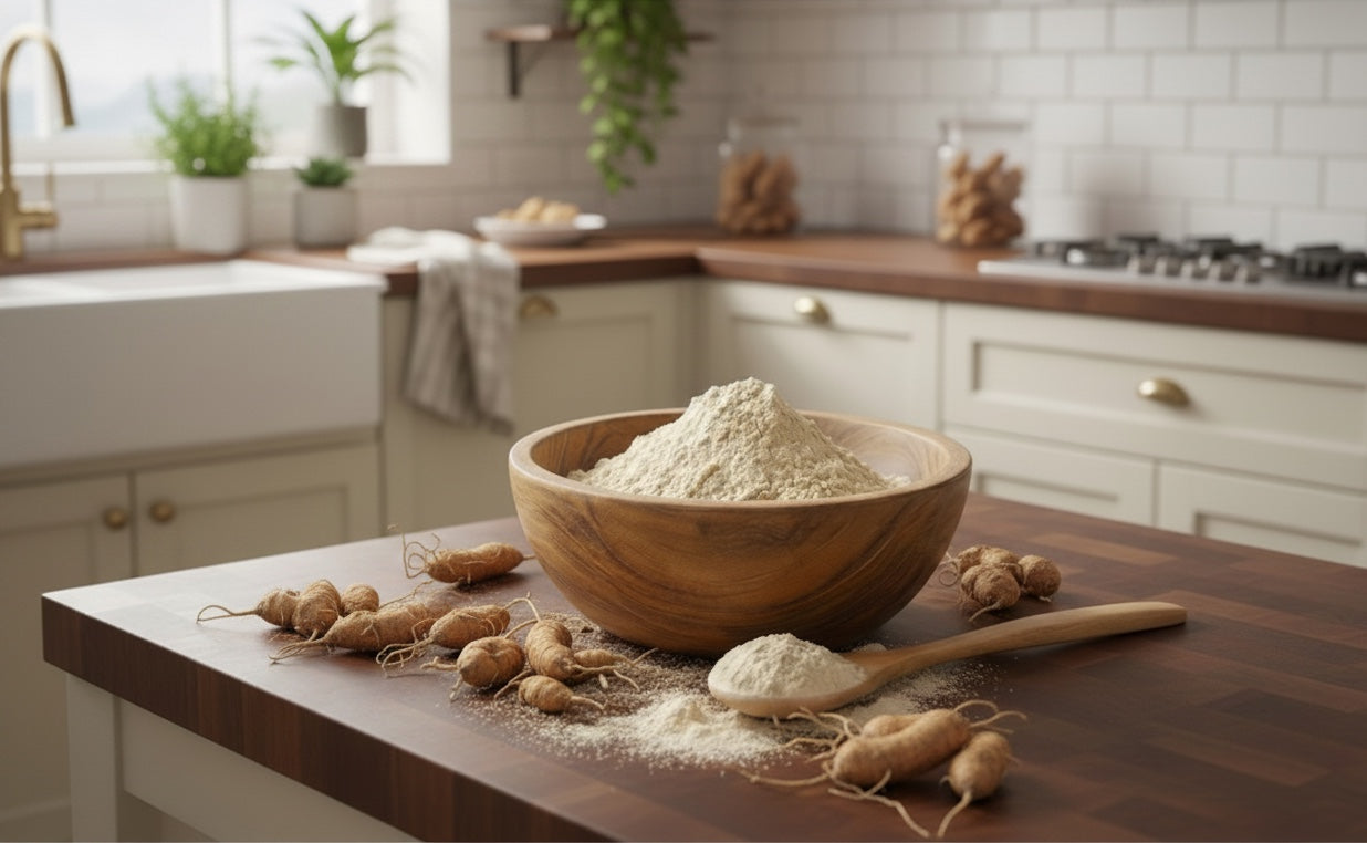 Suplemento de maca en polvo Mi tienda en un cuenco de madera con raíces frescas sobre una encimera de cocina.