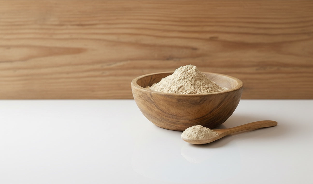 Suplemento de Maca en polvo natural de Mi tienda en un cuenco de madera con cuchara, ideal para energía y bienestar.