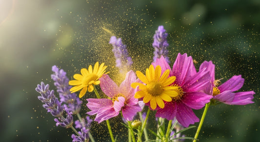 Polen de Mi tienda con flores coloridas de primavera y partículas doradas brillantes en un jardín soleado
