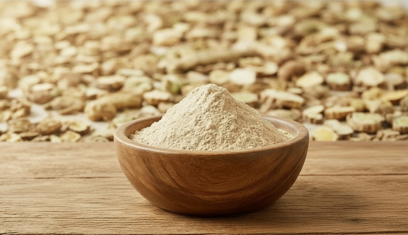Polvo de Ashwagandha natural Mi tienda en cuenco de madera sobre fondo de raíces secas para bienestar y energía.