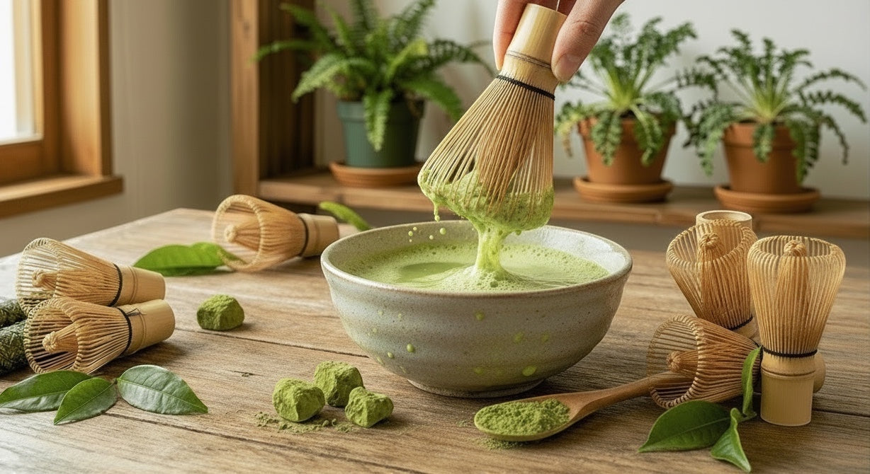 Té matcha en polvo de Mi tienda siendo batido con un chasen de bambú en un cuenco de cerámica sobre mesa de madera