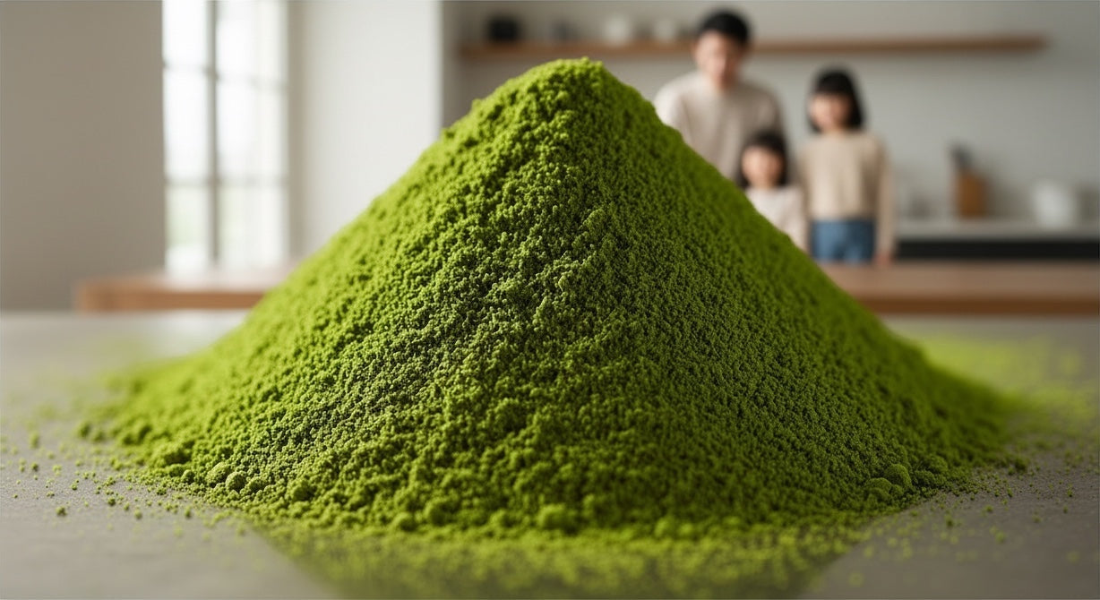 Montaña de polvo de té matcha verde vibrante de Mi tienda sobre una mesa de cocina con familia desenfocada al fondo
