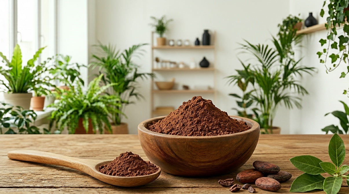 Polvos de cacao puro en un cuenco de madera con cuchara sobre mesa rústica en Mi tienda