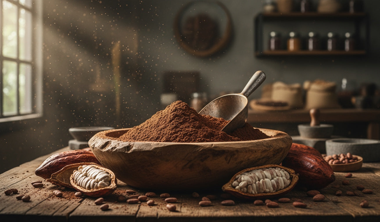 Polvos de cacao Mi tienda en un cuenco de madera rústico con granos de cacao abiertos sobre una mesa de madera