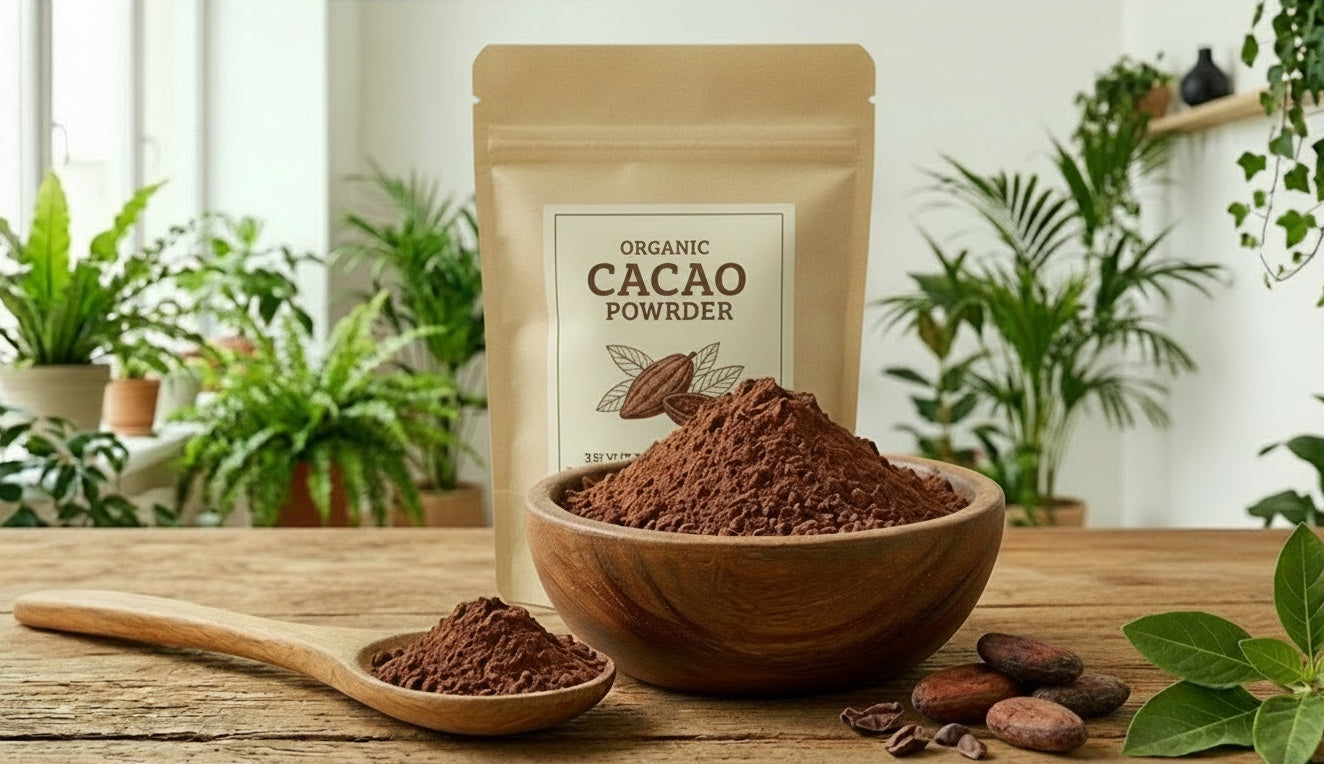 Polvos de cacao orgánico Mi tienda en un cuenco de madera con cuchara sobre una mesa rústica y plantas de fondo