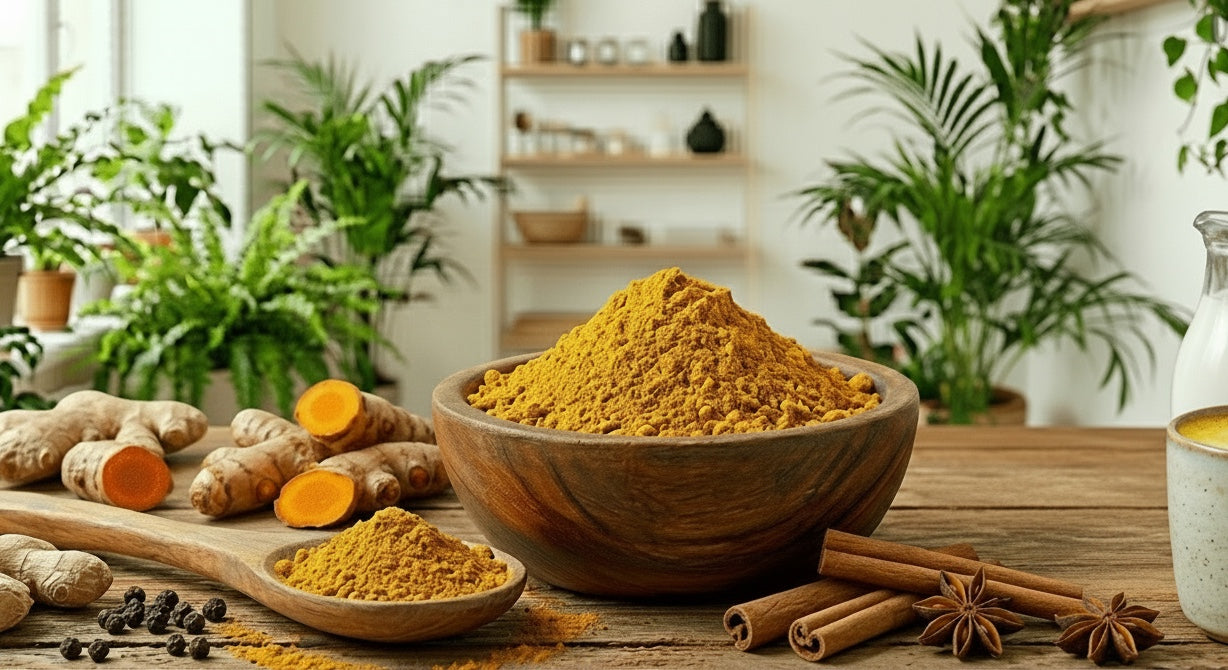 Polvos de Golden milk de Mi tienda en un cuenco de madera con cúrcuma fresca, canela y especias sobre mesa rústica