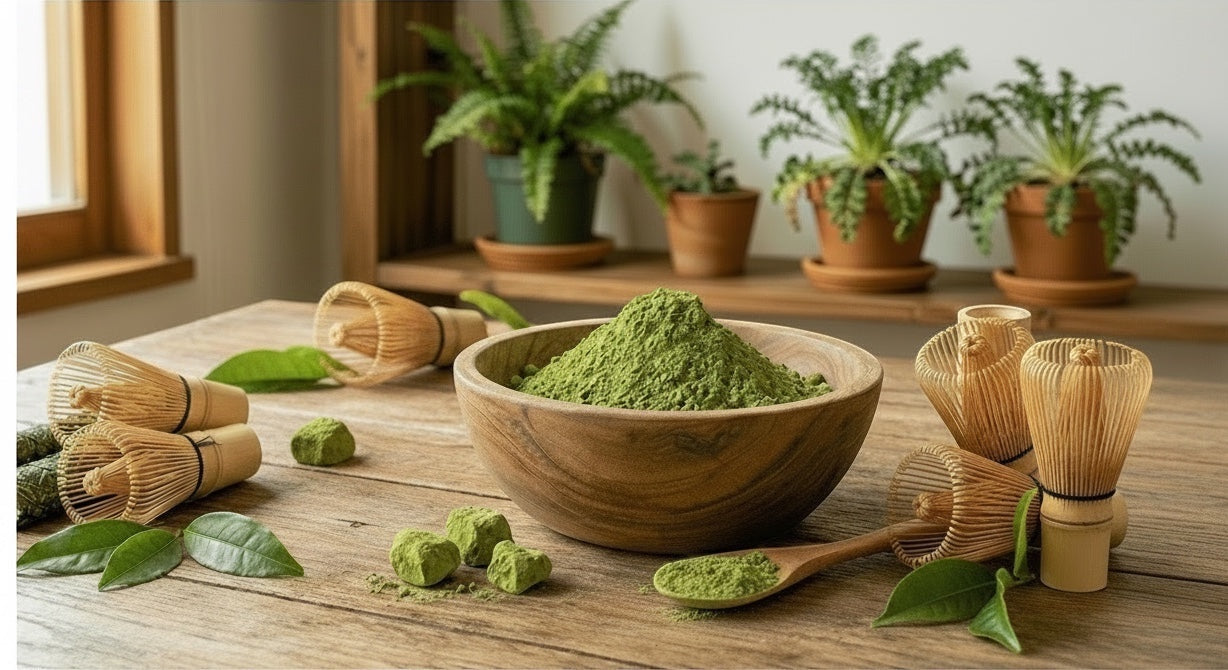 Polvos de té verde Matcha de Mi tienda en un cuenco de madera con batidores de bambú sobre una mesa rústica