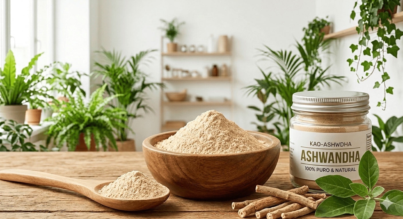 Suplemento de Ashwagandha en polvo Mi tienda en un cuenco de madera con cuchara y raíces naturales sobre mesa rústica.