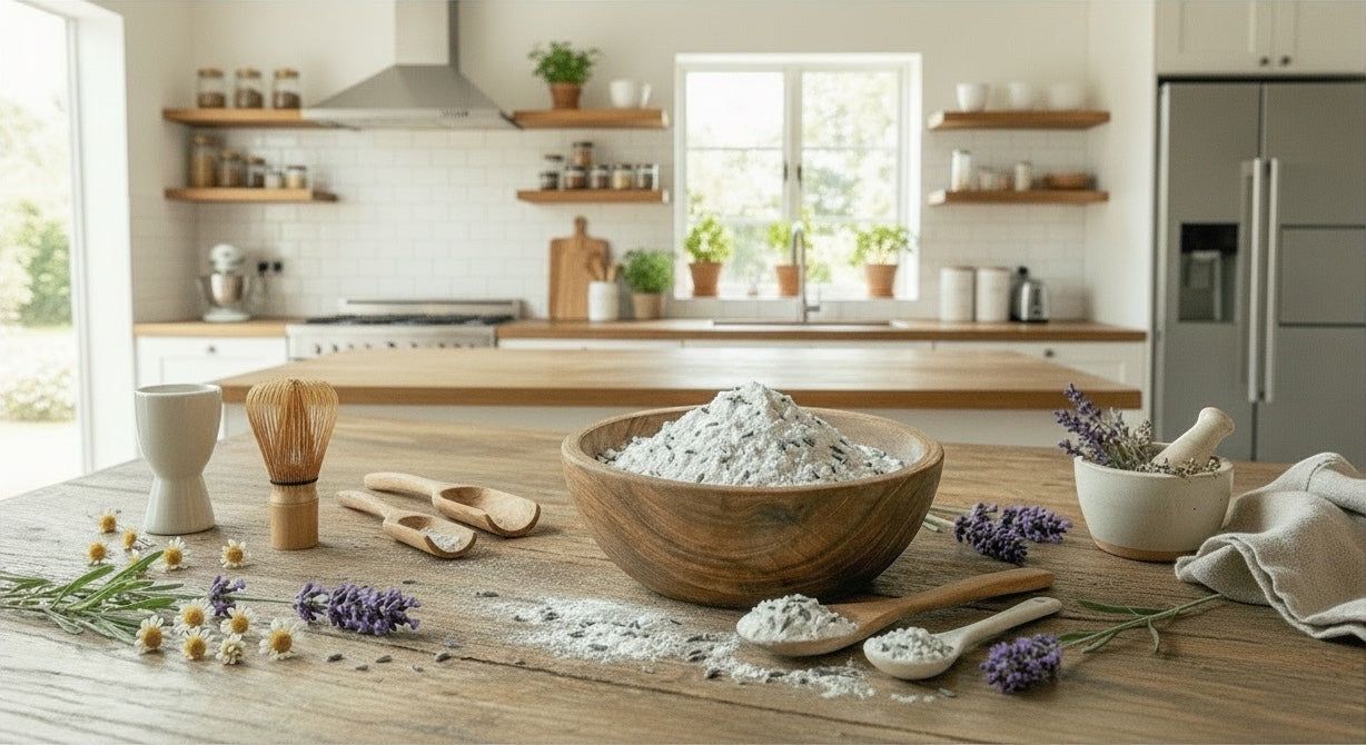 Talco de Lavanda Mi tienda en un cuenco de madera sobre mesa rústica con flores de lavanda y utensilios de cocina