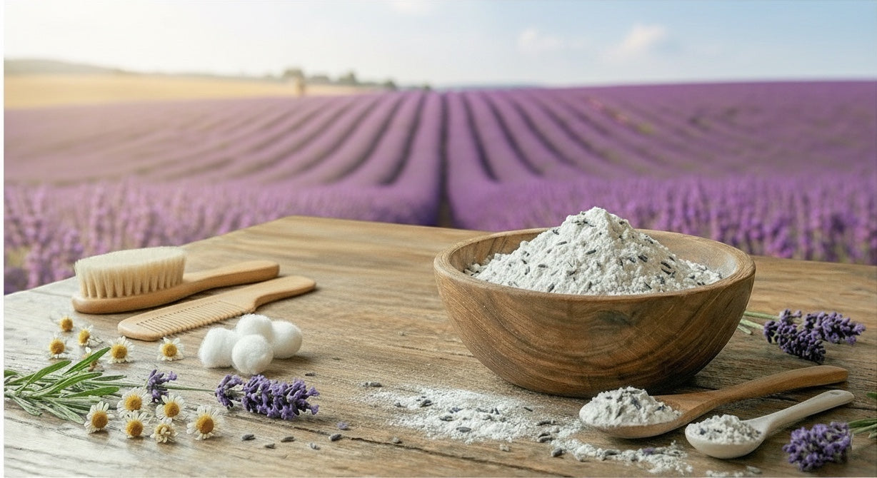 Talco de Lavanda de Mi tienda en un cuenco de madera sobre una mesa rústica con flores de lavanda y manzanilla