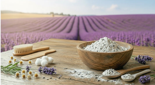 Talco de Lavanda de Mi tienda en un cuenco de madera sobre una mesa rústica con flores de lavanda y manzanilla
