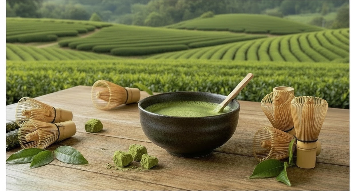 Té matcha Mi tienda en cuenco oscuro con batidores de bambú sobre mesa de madera frente a plantación de té verde